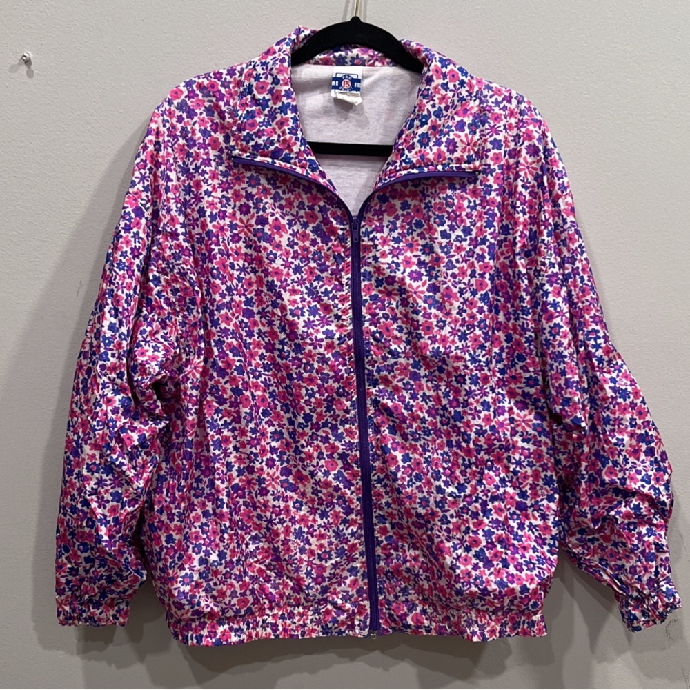 Blue, Pink, and Purple Floral Windbreaker Zip Up Jacket.